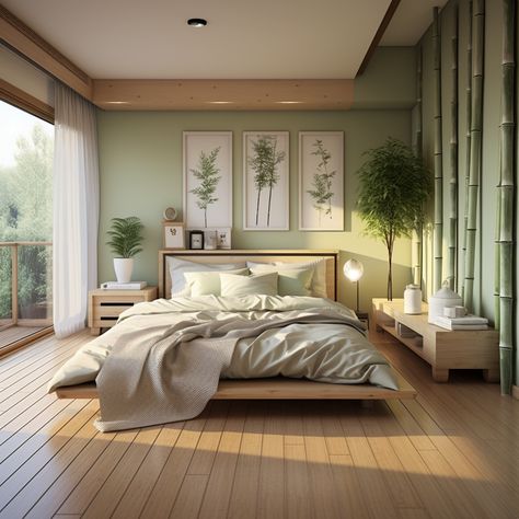 Modern Japanese Inspired Bedroom, Zen Green Bedroom, Bamboo Room Aesthetic, Master Bedrooms Decor Japanese, Green Zen Room, Bedroom Zen Style, Green And Bamboo Bedroom, Zen Room Colors, Zen Inspired Bedroom