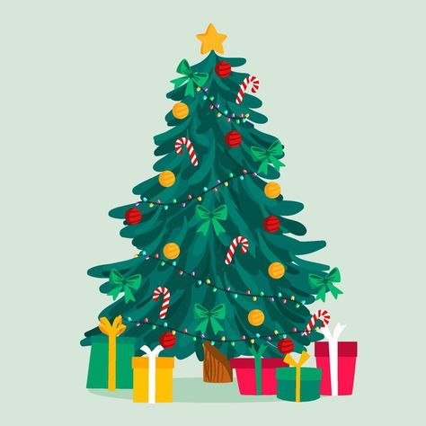 2d Christmas Tree, Flat Christmas Tree, Realistic Christmas Trees, Christmas Tree Drawing, Cartoon Christmas Tree, Christmas Tree With Presents, Christmas Tree Collection, Christmas Tree Background, Merry Christmas Background