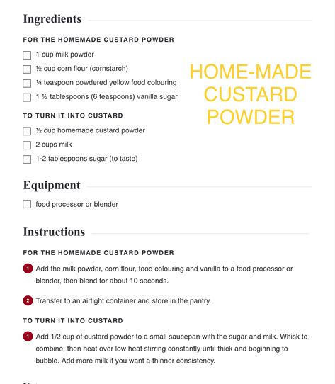 HOME-MADE POWDER CUSTARD Home Made Custard Recipes, Home Made Custard, Homemade Custard Recipe, How To Make Custard, Homemade Custard, Custard Powder, Custard Recipes, Yellow Foods, Food Colouring