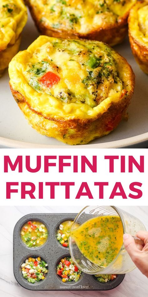 Close up of baked mini frittatas on place and hand pouring egg mixture over veggies in a muffin tin. Veggie Egg Muffins, Frittata Recipes Breakfast, Fritata Recipe, Easy Frittata, Egg Muffins Recipe, Mini Frittata, Vegan Muffins, Frittata Recipes, Egg Muffins