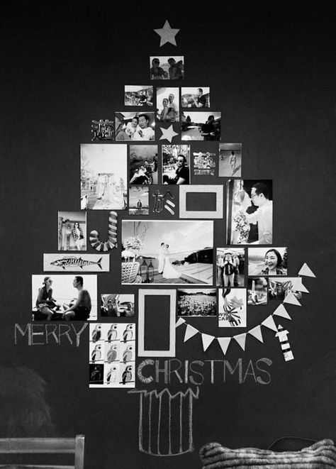 a wall mounted black and white Christmas tree made of photos is a cool and cathcy decor idea Christmas Photo Wall, Christmas Photo Display, Wall Mounted Christmas Tree, Photo Christmas Tree, Amazing Christmas Trees, Wall Christmas Tree, Tree Photo, Creative Christmas Trees, Alternative Christmas Tree