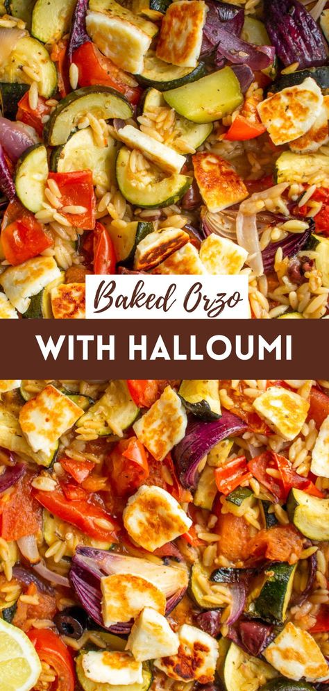 Enjoy this rainbow of roasted veg and fried halloumi for the perfect comfort fall recipe which is both cheap and delicious! #halloumi #roastedvegetables #orzo Cheap Weeknight Meals Budget Recipes, Healthy Veg Lunch Ideas, Houllomi Recipes, Easy Summer Vegetarian Recipes, Halloumi Dinner Ideas, Halumi Recipe Food, Roasted Halloumi, Recipe With Halloumi, Healthy Halloumi Recipes