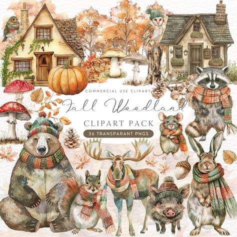 Woodland Creatures Nursery, Autumn Projects, Etsy Clipart, Shop Clipart, Mushroom Clipart, Fall Themes, Themed Illustrations, Baby Shower Clipart, Cute Autumn