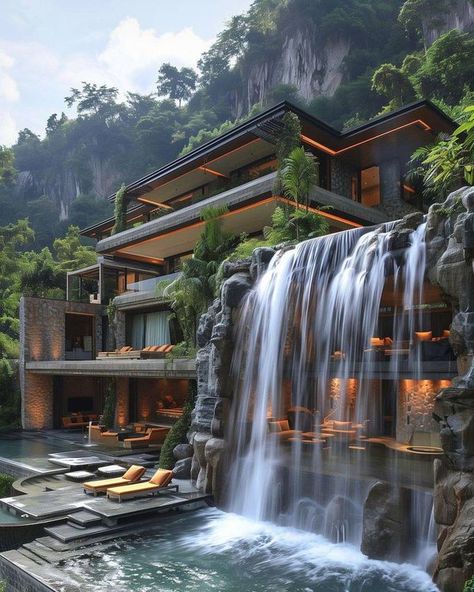 House Behind Waterfall, Courtyard Interior, Entry Designs, Wood Villa, Biomimicry Architecture, Lake Landscaping, Waterfall House, Natural Architecture, Amazing Homes