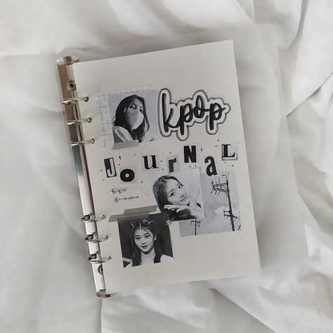 kpop journal black and white minimal aesthetic cover shen xiaoting kepler journal spread Kpop Journal Cover Ideas, Black And White Journal Aesthetic, Scrapbook Ideas Black And White, Journal Ideas Black And White, Journal Cover Decoration Ideas, Black And White Aesthetic Journal, Journal Diary Ideas Aesthetic, Black And White Scrapbook Ideas, Kpop Notebook Cover