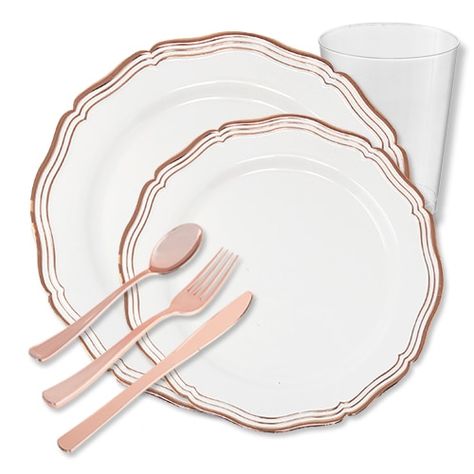 Aristocrat White and Rose Gold Tableware Package Rose Gold Plastic Silverware, Fancy Disposable Tableware, Fancy Plastic Plates, Rose Gold Plastic Plates, Clear And Gold Party Plates, Pink Disposable Plastic Plates, Gold Tableware, Rose Gold Rims, Posh Wedding