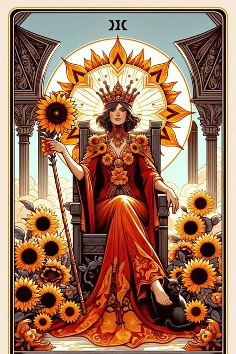 Queen Of Wands Illustration, Queen Of Wands Tarot Meaning, Queen Of Wands Tarot Card, Queen Of Wands Tarot, The Queen Of Wands, Tarot Illustration, Powerful Queen, Queen Of Wands, King Of Wands