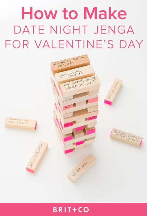 You can make a date night Jenga set for Valentine's Day with this tutorial. Romantic Jenga Ideas, Date Night Jenga, Jenga Couples Game, Jenga For Couples, Couple Jenga, Couples Jenga, Jenga Ideas, Diy Date Night, Jenga Diy