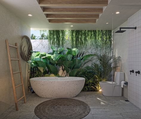 This bathroom boasts a calm colour shade on its walls and a touch of life sparked by the lush tropical indoor plants. The bathtub is the focal point, provided for extra relaxation and aesthetics. Beautiful design by Balitecture for Casa Uluwatu in Bali, Indonesia. Tulum House, Bathroom Layout Ideas, Bali Architecture, Modern Tropical House, Bali House, Bali Beaches, Architecture Construction, Outdoor Bathrooms, Tropical House