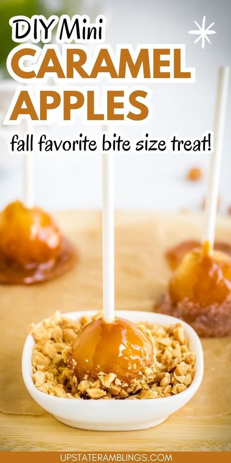 DIY Mini Caramel Apples Make Ahead Caramel Apple Slices, Mini Drunken Caramel Apples, Mini Carmel Apple Balls, Mini Toffee Apples, Sliced Caramel Apple Pops, Candy Apple Bar Halloween, Caramel Apples For A Crowd, Caramel Apple Bites Mini, Individual Apple Desserts