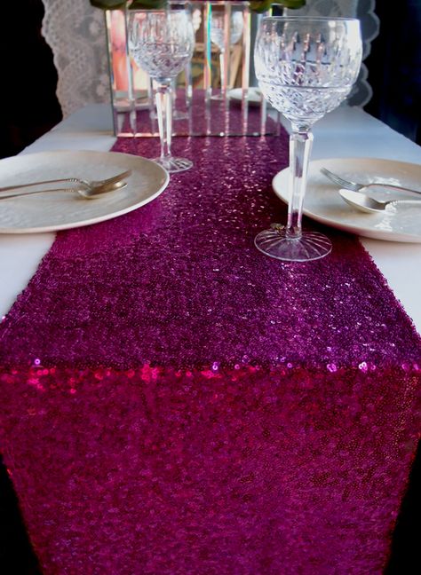 sparkly and gorgeous Sequin Table Runner - Fuchsia / Hot Pink (12 x 108)! Now that's a hot bridal shower <3 Dream Reception, Black Weddings, Fuchsia Wedding, Sequin Table Runner, Hot Pink Weddings, Sequin Tablecloth, Sequin Table, Holiday Dinner Party, Carpet Texture