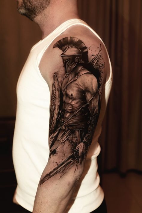 Mens Spartan Tattoo, Lion And Spartan Tattoo, Gladiator Tattoo Design For Men, Gladiator Tattoos, Spartan Warrior Tattoo, Martial Arts Tattoos, Sparta Tattoo, Warrior Tattoo Sleeve, Gladiator Tattoo