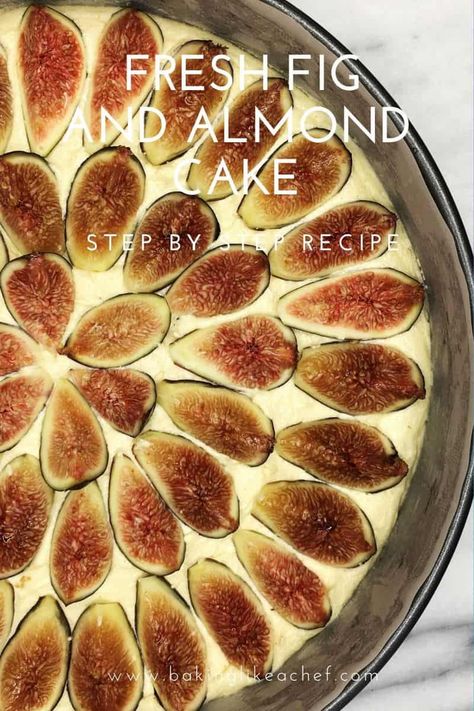 This Fresh Fig and Almond Cake is an amazingly easy one-bowl dessert. It is a decadent summer cake served with a scoop of Greek yogurt and red wine fig sauce. It is definitely a hit for a fig lover! Say 'Yes' to this fig cake recipe and make it ASAP! #bakinglikeachef #cake #figcake #almondcake #easyrecipe #summerdesserts #fruitcake #homemade #madefromscratch #cakerecipes | www.bakinglikeachef.com Fresh Fig Cake Recipe, Fig Cake Recipe, Fig Recipes Fresh, Fig Muffins, Fig Dessert, Fig Sauce, Fig Preserves, Fig Cake, Summer Cake