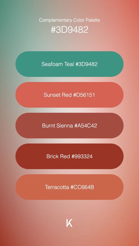 Complementary Color Palette Seafoam Teal #3D9482 · Sunset Red #D56151 · Burnt Sienna #A54C42 · Brick Red #993324 · Terracotta #CC664B Orange And Teal Color Palette, Teal Color Combinations, Colors With Teal, Blue Green Color Palette, Complementary Color Palette, Teal Color Palette, Teal Color Schemes, Colour Pallets, Seafoam Color