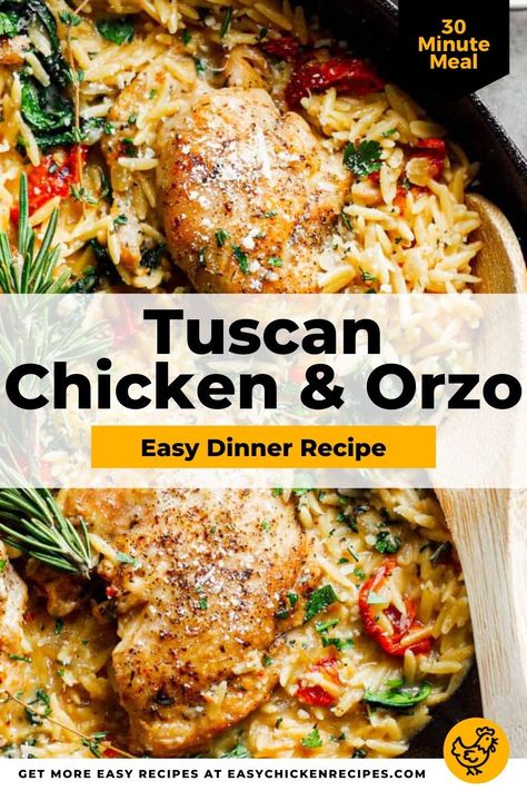 Tuscan Chicken And Orzo, Chicken And Orzo, Italian Chicken Recipes, Soup Healthy, Orzo Recipes, One Pan Dinner, Chicken Entrees, Creamy Parmesan, Tuscan Chicken