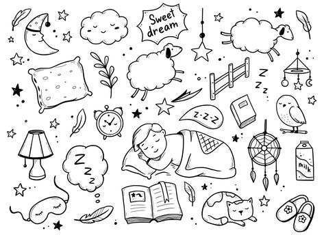 Dream Doodle Art, Wake Up Doodle, Dream Drawing Easy, Sleepy Doodle, Mood Doodle, Sleep Doodle, Embroidery Journaling, Sleep Icon, Dream Doodle