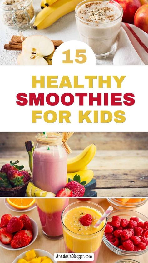 So many youngsters enjoy smoothies! With that in mind, here are 15 fun and healthy smoothies that your kids will love. Fruit Combos For Smoothies, Healthy Kid Smoothies Recipes, Breakfast Smoothie Recipes For Kids, Healthy Breakfast Smoothies For Kids, Kids Breakfast Smoothie, Smoothie Recipes Healthy Kids, Healthy Milkshakes For Kids, Iron Rich Smoothie Recipes For Kids, Kid Friendly Smoothies Healthy