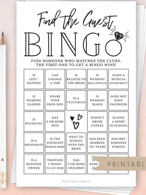 Find The Guest Bingo, Bridal Shower Decorations Elegant, Bridal Shower Questions, Guest Bingo, Wedding Games For Guests, Fun Icebreakers, Find The Guest, Disney Bridal Showers, Wedding Game