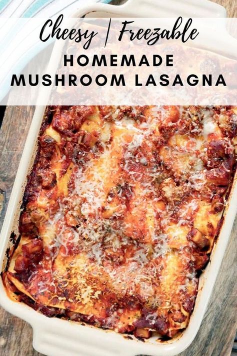 Homemade mushroom lasagna is layered with tender noodles and a savory tomato based mushroom sauce! Plenty of cheese and a creamy white sauce add a luscious texture that makes it a family favorite. Best of all, make it ahead and freeze some for later! Vegetarian Freezer Meals, Vegetarian Lasagna Recipe, Creamy White Sauce, Mushroom Lasagna, Vegan Pasta Dish, Vegetarian Casserole, Italian Pizza Recipe, Dinner Family, Vegetarian Lasagna