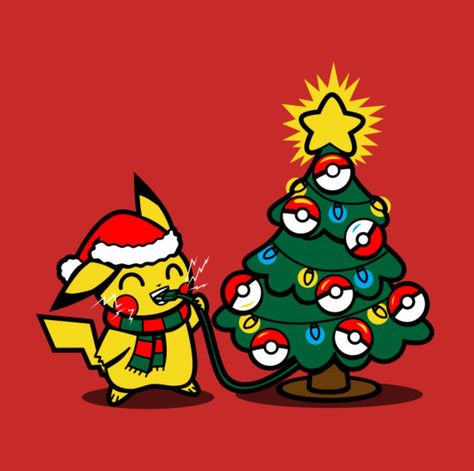 Pikachu - Light Up That Tree, Pokemon Christmas Tree Pokemon, Christmas Pokemon, Fun Chalk Art, Pokemon Christmas, Gaming Collection, Gaming Tees, Anime Christmas, Cute Christmas Wallpaper, Nintendo Art