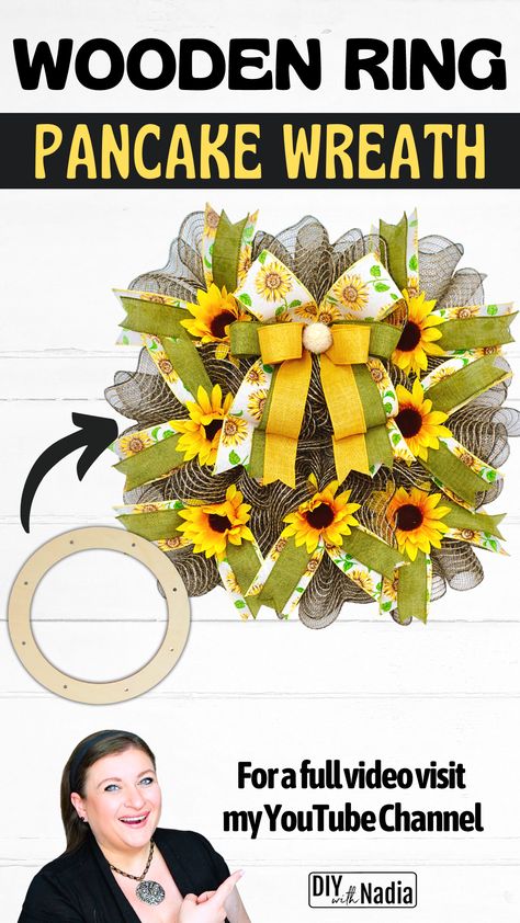 Pancake Wreath Ideas, Deco Mesh Fall Wreaths Diy, Wire Ribbon Wreath, Pancake Wreath, Fall Mesh Wreaths, Wooden Wreath, Wreath Rings, Wooden Wreaths, How To Make Pancakes