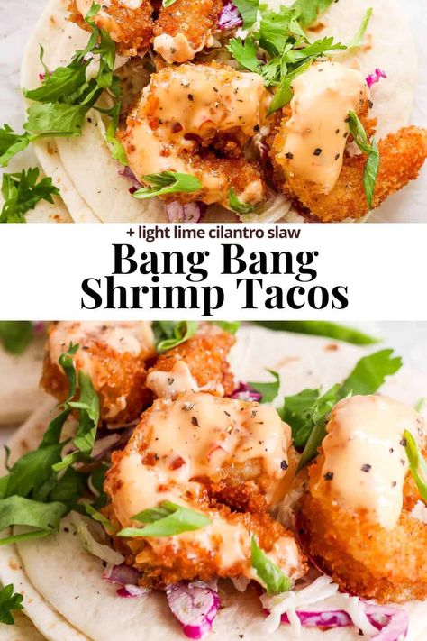 Bang Bang Shrimp Tacos - The BEST bang bang shrimp taco recipe! Delicious, crispy shrimp with a classic bang bang sauce   cilantro lime slaw! #bangbangshrimptacos #bangbangshrimptacoseasy #bangbangshrimptacoswithslaw #bangbangshrimptacosrecipe #bangbangshrimptacoswithcabbageslaw Volcano Shrimp Sauce, Bang Bang Sauce For Shrimp, Air Fryer Bang Bang Shrimp Tacos, Bang Bang Shrimp Tacos With Slaw, Bang Bang Shrimp And Sausage Skewers, Fried Shrimp Tacos With Cabbage Slaw, Shrimp Taco Sauce Recipe, Breaded Shrimp Tacos, Sauce For Shrimp Tacos