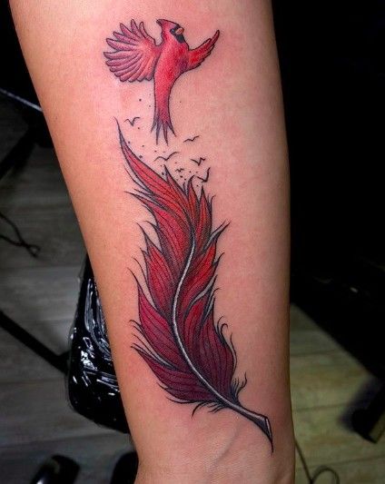 Cardinal Remembrance Tattoos, Cardinal Feather Tattoo Memorial, Red Bird Tattoos For Women, Red Feather Tattoo, Cardinal Tattoos For Women, Cardinal Feather Tattoo, Small Cardinal Tattoo Memorial, Parrot Tattoos, Red Cardinal Tattoos