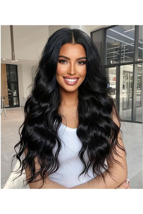 KOME Black Long Wave Wigs for Women,Put On Go Glueless Lace Front Wig,Middle Part Synthetic Wig for Daily Party Use 26IN Black Lace Front Wigs, Middle Part Wig, Wig Middle Part, Middle Parts, Middle Part, Wigs For Women, Hairstyles Ideas, Synthetic Wig, Lace Front Wig