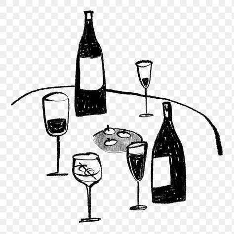 Wine Bottle Doodle, Glass Of Wine Drawing, Drinking Wine Illustration, Wine Glass Doodle, Glass Of Wine Illustration, Champagne Doodle, Wine Glass Sketch, Drinks Doodle, Doodle Transparent Background