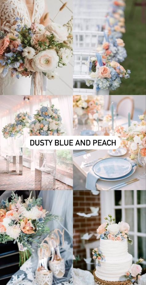 Dusty Blue And Peach Wedding, Blue And Peach Wedding, Blue Peach Wedding, Peach Wedding Theme, Peach Wedding Decorations, Pastel Blue Wedding, Wedding Color Schemes Blue, Pastel Wedding Colors, Pastel Wedding Theme