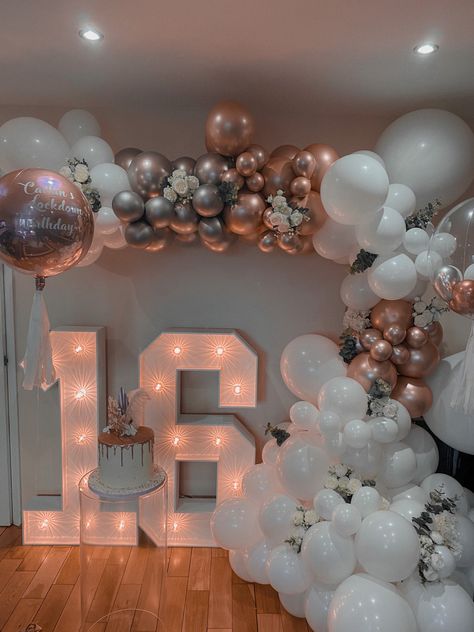 #sweet16 #birthdaypartyideas Birthday Party Indoor Decoration, 16 Birthday Party Color Schemes, December Sweet 16 Party Ideas Themes, Sweet 16 Birthday Decor, Sweet Sixteen Party Decorations, Sweet 16 Simple Party Ideas, Sweet 16 Birthday Decorations, 16th Birthday Balloon Ideas, Sweet 16 Color Theme