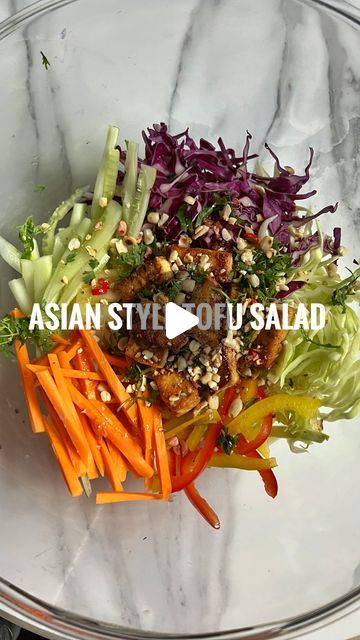 Prachi Agarkar on Instagram: "Asian style tofu salad 🥗 🥢 
High Protien, vegan and Gf 🥬🌶️

This flavourful salad with Asian flavours is so good, you’ll be addicted.

Ingredients 

Tofu

Vegetables: Cabbage, carrot, cucumbers, bell peppers, spring onion. 
Crushed peanuts 

Dressing:
1 tbsp olive oil 
1 lemon juice 
1 tbsp soy sauce 
1 tsp rice vinegar 
Chopped ginger, garlic & chillies 

Method 
🥗 Make the dressing by mixing all the ingredients and set it aside.
🥗Marinate tofu with soy sauce , salt and pepper and stir fry it for 2-3 mins. Set aside
🥗 Chop all the vegetables and assemble the salad together, pour the dressing and add crushed peanuts to garnish and enjoy 
#healthyfood #healthylifestyle #diet #dietfood #healthy #salad #recipe #saladrecipe" Asian Edamame Crunch Salad, Asian Inspired Cucumber Salad, Spicy Cucumber Salad Asian, Crunchy Asian Cucumber Salad, Smashed Cucumber Salad Asian, Spring Mix Salad Recipes, Instagram Asian, Cabbage Carrot, Spring Mix Salad