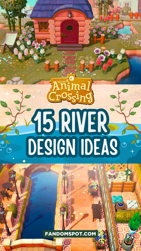 Not sure what to do with rivers on your island? Well this list offers plenty of inspo for Animal Crossing: New Horizons rivers, streams, and lakes. Peep the full list for inspiration for your own island! Acnh Riverside Idea, Acnh Neighborhoods Ideas Cottagecore, Animal Crossing Gyroid Display Ideas, Acnh Island Themes, Animal Crossing Farm, Acnh Space Fillers, Fae Farm, Acnh Builds, Acnh House