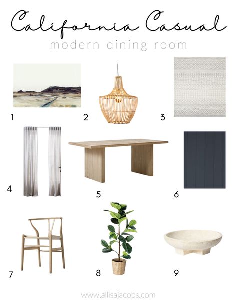 California Casual Dining Room, California Casual Interior Design, California Style Decor, Dining Room Mood Board, Allisa Jacobs, California Design Interior, California Coastal Style, Organic Dining Room, Organic Modern Dining Room