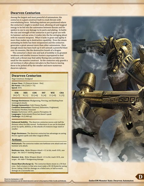 Ember Dungeon Mastery — Elder Scrolls: Dwarven Automatons v1.00.  D&D 5e... Elder Scrolls Dwemer Art, Dnd Clockwork, Skyrim Dnd, Warforged Dnd, Dnd Enemies, Homebrew Monsters, Dungeons And Dragons Rules, Dnd Monster, Monster Manual