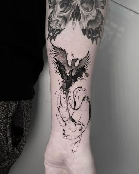 Pheonix Tattoo Black And Gray, Black And Gray Phoenix Tattoos, Raven And Phoenix Tattoo, Gothic Phoenix Tattoo, Tattoo Ideas Female Phoenix For Women, Black And White Phoenix Tattoo, Phoenix Hand Tattoo, Phoenix Spine Tattoo, Phoenix Forearm Tattoo