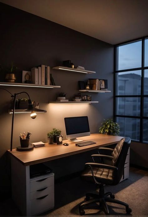 20 Small Moody Office Ideas That Boost Creativity and Focus - Roomy Retreat Mens Computer Room, Study Room Dark, Dark Study Room, Men’s Office Ideas, Mens Study Office, Study Room Ideas For Men, Male Office Ideas, Moody Office Space, Moody Office Ideas