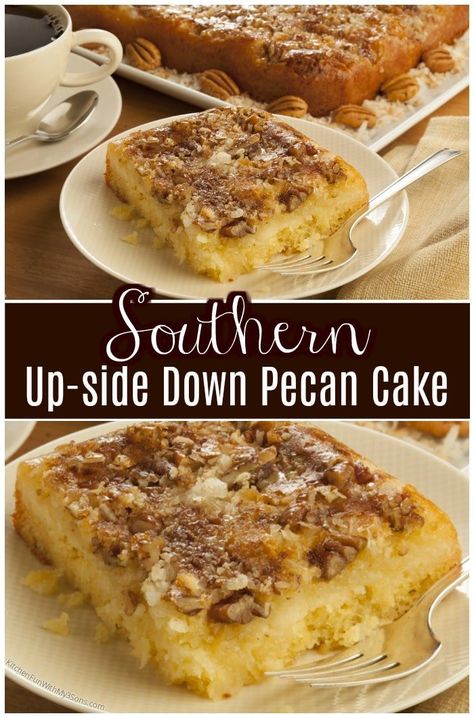 Upside Down Pecan Cake, Pecan Pie Cake Recipe, Pecan Pie Cake, Southern Recipes Desserts, Pecan Desserts, Thanksgiving Food Desserts, Pecan Cake, Pecan Recipes, Cake Making