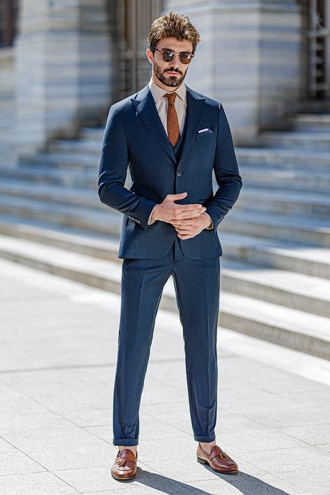 Elevate your style with the Navy Slim-Fit Suit by Viossi, a 3-piece ensemble that unveils your sophisticated side. Crafted with meticulous attention to detail, this suit exudes timeless elegance. The single-breasted design and classic notch lapel add a touch of refinement, making it perfect for any formal occasion. #navysuit  #suit #suits #mensstyle #menstyle #fashion #outfit #formalwear #menfashion #fashionformen #style #dapper #gentleman #suitformen #singlebreasted Navy Blue 3 Piece Suit Men Wedding, Mens Blue Suit Outfit, Navy Suit Outfit Men, Navy Suit Groom, Groom Attire Blue, Navy Blue Men Suit, Miles Suit, Navy Blue Wedding Suit, Navy Blue Groom Suit