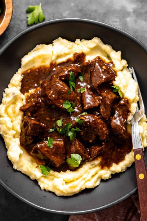 Slow Cooker Beef Tips and Gravy Beef Tips And Gravy Recipe, Slow Cooker Beef Tips, Beef And Gravy, Crock Pot Beef Tips, Beef Stew Meat Recipes, Slow Cooker Meat, Over Mashed Potatoes, Beef Tips And Gravy, Slow Cooker Stew