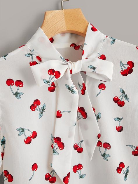 Cherry Print Tie Neck Blouse | SHEIN USA Tie Neck Blouse, Electronics Jewelry, Cherry Print, Women Blouses, Printed Ties, Tie Top, Shein Style, Business Casual Outfits, Tie Neck