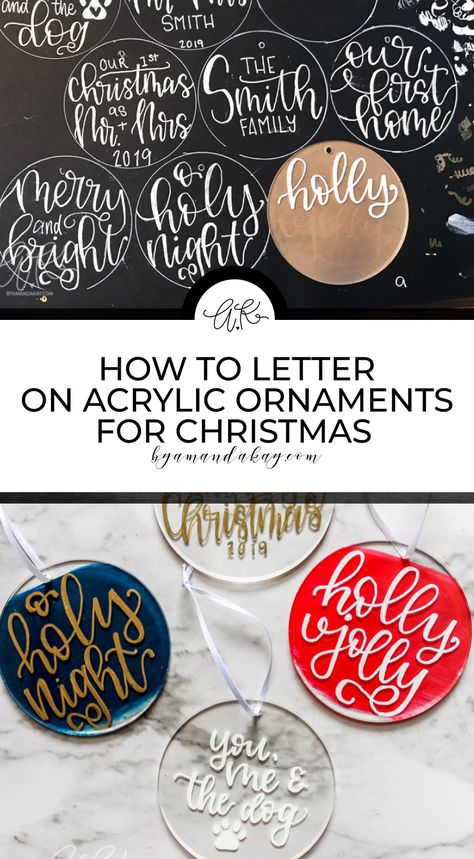 Christas Cricut, Acrylic Xmas Ornaments, Acrylic Circle Christmas Ornaments, How To Make Acrylic Ornaments, Calligraphy Christmas Ornaments, Acrylic Christmas Gift Tags, Christmas Ornaments 2023 Trends, Hand Lettered Ornaments, Cricut Christmas Ornament