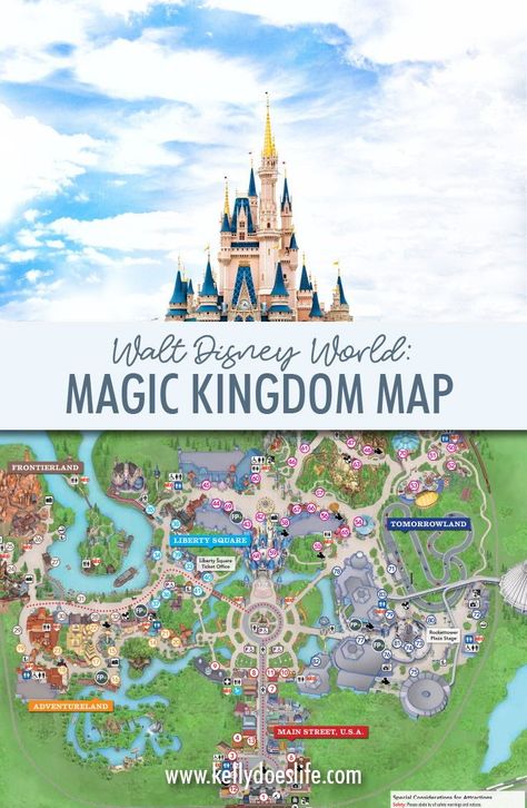 Are you planning your trip to Walt Disney World and want to know more about the Magic Kingdom? Find the most up to date map of Magic Kingdom for your 2019 Disney World family vacation to Orlando! Head down Main Street USA to find out where the rides are, what lands are there, and more! Disney World Family Vacation, Disney Map, Magic Kingdom Map, Disney World Map, Kingdom Map, Disney World Vacation Planning, Disney World Magic Kingdom, Disney Trip Planning, Disney Vacation Planning