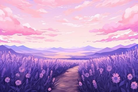 Pastel Colors Background Plain Purple, Purple Wallpaper Landscape, Flower Wallpaper Landscape, Pastel Color Background Plain, Lavender Field Aesthetic, Ipad Wallpaper Landscape, Purple Landscape Painting, Wattpad Picture, Purple Sky Aesthetic