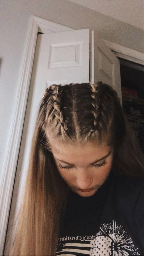 Hairstyles For Medium Length Hair For Gymnastics, Short Hair Gymnastics Hairstyles, Complicated Sports Hairstyles, Cute Easy Hairstyles For Volleyball Games, Simple Gymnastics Meet Hair, Two Cornrows, Braided Hairstyles For School, Game Day Hair, Rave Hair