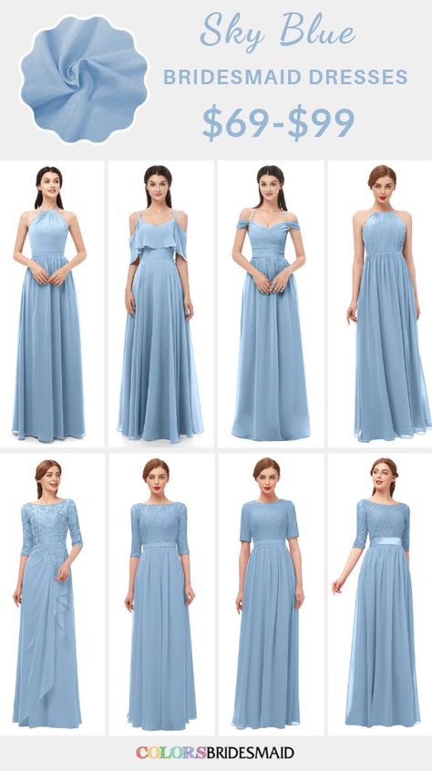 Sky blue bridesmaid dresses on sale $69-99, in 600+ custom-made styles and all sizes. 150+colors, made to order, fast arrived, color sample available. #colsbm #bridesmaids #bridesmaiddresses #skybluewedding #weddingideas #skybluedress b1378 Bridesmaid Dresses White, Dusty Blue Bridesmaid, Sky Blue Bridesmaid Dresses, Dusty Blue Dress, Lavender Bridesmaid, Lavender Bridesmaid Dresses, Bridesmaid Dresses Under 100, White Bridal Gown, Dusty Blue Wedding