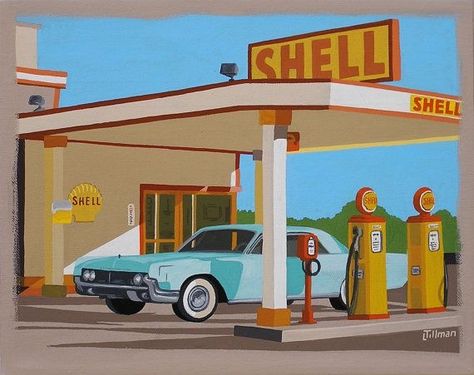 Midcentury Illustration, Retro Vacation, Shell Gas Station, Yellow Cars, Fifties Style, Jigsaw Puzzles Art, Mcm Art, Station Service, Vintage Illustration Art