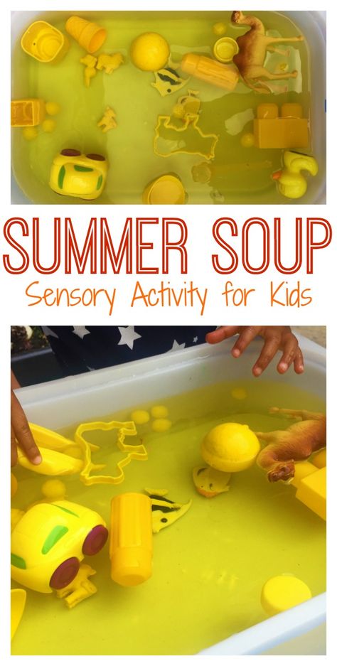 Summer Sensory Soup. A Fun Summer Activity for Kids. Preschool Sunshine Activities, Sun Sensory Bin, Sun Awareness Activities, Sun Sensory Activities, Fun In The Sun Activities For Preschool, Summer Holiday Activities For Preschoolers, Summer Sensory, Summer Season Activities For Preschool, June Activities For Preschoolers