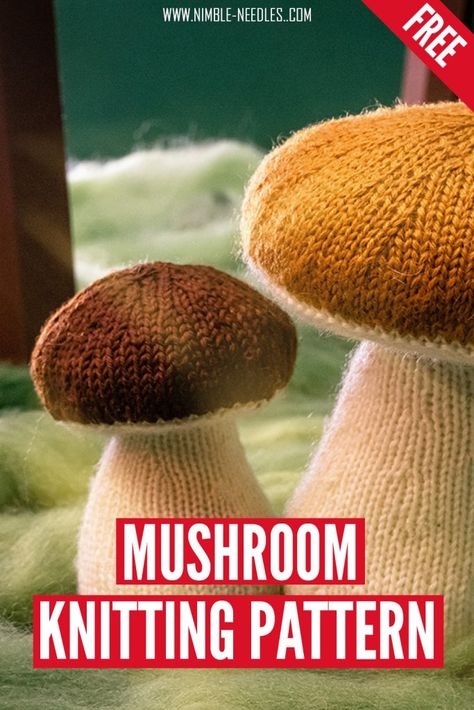 A free knitting pattern for mushrooms. Create the perfect fall home decor. These knitted mushrooms are quite the easy knit for intermediate knitters and will take about 2 hours to finish per mushroom. The pattern has easy to follow step by step written instructions and now charts. #knitting #knit #knittingpattern #homedecor #dyi Knitted Mushrooms, Mushroom Knitting, Knitted Mushroom, Knitted Decorations, Crochet Mushrooms, Knitting Space, Knitted Christmas Decorations, Porcini Mushroom, Mushroom Crafts