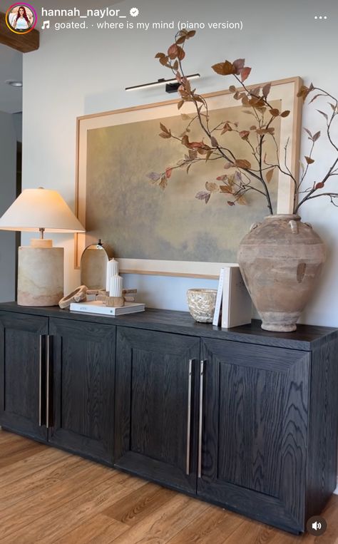 Gallery Wall Over Credenza, Entry Buffet Table Decor, Tv Buffet Decor, Living Room Buffet Cabinet, Anthropologie Interior Design, End Hallway Decor, Styling A Credenza, Credenza Styling Living Room, Entry Cabinet Decor